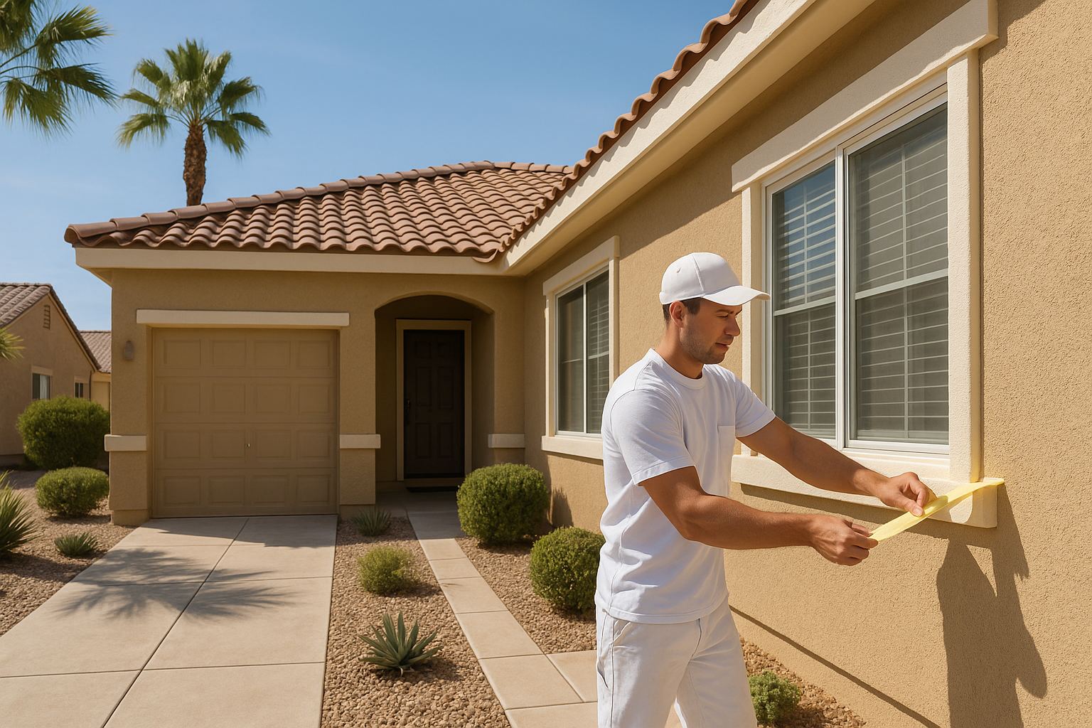 Painter removing masking from crisp new trim on a freshly repainted stucco home in a tidy Las Vegas HOA community, desert-tan scheme matching the neighboring houses